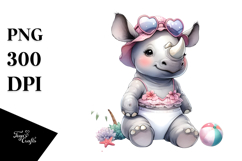 Digital Watercolor Baby Rhino in Beachwear, High-Res PNG Product Image 1