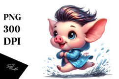 Cute Baby Pig Running with Cool Haircut Watercolor Product Image 1