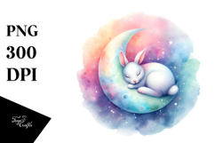 Pastel Bunny Sleeping on Moon Watercolor Clipart Product Image 1