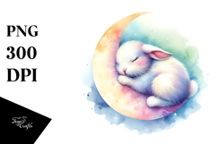 Pastel Bunny Sleeping on Moon Watercolor Clipart Product Image 1