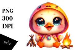 Vibrant Watercolor Baby Duck with Campfire, PNG Product Image 1
