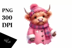 Cute Pink Highland Cow Winter Clothes PNG Product Image 1