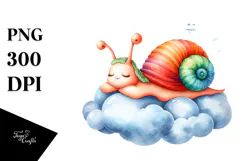 Baby Snail Sleeping on Cloud Watercolor Clipart Product Image 1
