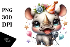 Cute Baby Rhino with Party Hat PNG Product Image 1