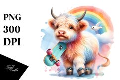 Colorful Baby Highland Cow with Skateboard, Transparent PNG Product Image 1