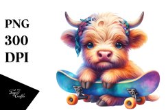 Colorful Baby Highland Cow with Skateboard, Transparent PNG Product Image 3