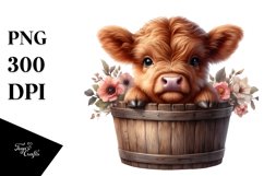 Cute Baby Highland Cow with Wooden Bucket PNG Product Image 3