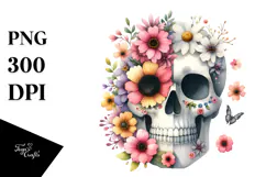 Cute Skull Half Made of Spring Flowers Watercolor Product Image 1