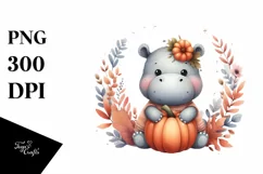 Boho Funny Cute Baby Hippo Holding Pumpkin Clipart Product Image 1
