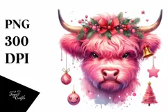 Pink Highland Cow with Christmas Decorations PNG Product Image 1