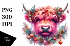 Vibrant Pink Highland Cow with Christmas Decorations PNG Product Image 1