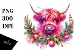 Pink Highland Cow with Christmas Decorations PNG Product Image 1