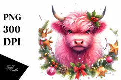 Vibrant Pink Highland Cow with Christmas Decorations PNG Product Image 1