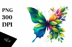 Abstract Vibrant Watercolor Butterfly with Plant Leaves, PNG Product Image 3