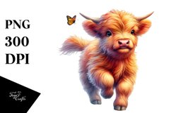 Colorful Baby Highland Cow Skipping in a Meadow, Transparent Product Image 1