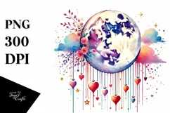 Very Simple Watercolor Moon with Hearts PNG Product Image 1