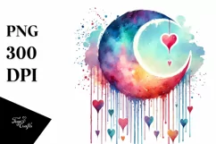 Very Simple Watercolor Moon with Hearts PNG Product Image 1