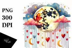 Very Simple Watercolor Moon with Hearts PNG Product Image 1