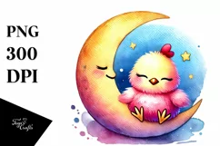 Colorful Baby Chicken with Moon PNG Product Image 1