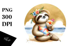 Cute Sloth in Beachwear Drinking Cocktail Watercolor PNG Product Image 1