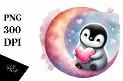 Colorful Penguin on Moon with Heart PNG Product Image 1