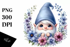 Watercolor Baby Gnome with Delphinium Wreath Product Image 1