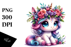 Sitting Baby Unicorn with Floral Wreath PNG Product Image 1