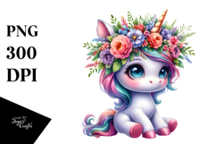 Sitting Baby Unicorn with Floral Wreath PNG Product Image 1