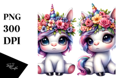 Sitting Baby Unicorn with Floral Wreath PNG Product Image 1