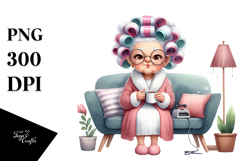 Watercolor Couch with Hair Curlers | Clipart Product Image 1
