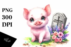 Vibrant Baby Pig with Grave Drawing | Sublimation Clipart Product Image 1