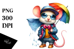 Funny Baby Mouse with Raincoat and Umbrella PNG Product Image 1