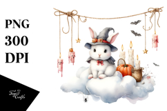 Watercolor Bunny Dressed for Halloween Sitting on Cloud PNG Product Image 1