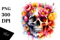 Colorful Grungy Skull with Spring Flowers PNG Product Image 1