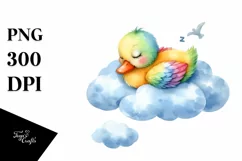 Colorful Duck Sleeping on Cloud Watercolor Clipart Product Image 1