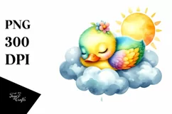 Colorful Duck Sleeping on Cloud Watercolor Clipart Product Image 1