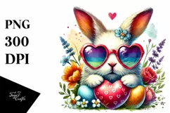 Easter Bunny with Heart Sunglasses in Watercolor PNG Product Image 1