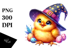 Vibrant Watercolor Baby Chicken with Wizard Hat, High-Res Product Image 1