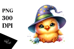 Vibrant Watercolor Baby Chicken with Wizard Hat, High-Res Product Image 1