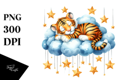 Wimsical Tiger Sleeping On a Cloud with Hanging Stars | Product Image 1