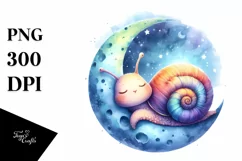 Vibrant Watercolor Baby Snail Sleeping on Moon Product Image 1