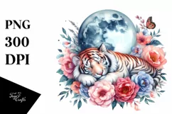 Vibrant Watercolor Pastel Tiger Sleeping on Moon with Product Image 4