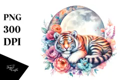 Vibrant Watercolor Pastel Tiger Sleeping on Moon with Product Image 1