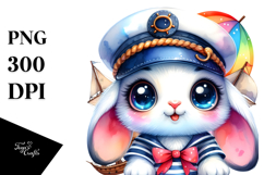 Vibrant Watercolor Baby Rabbit in Sailor Outfit, High-Res Product Image 1