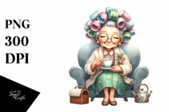 Watercolor Old Lady Sitting On Couch Tea Cup Hair Curlers Product Image 1