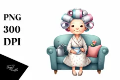 Watercolor Old Lady Sitting On Couch Tea Cup Hair Curlers Product Image 1