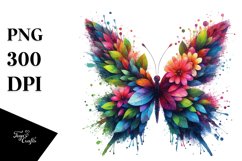 Vibrant Watercolor Butterfly with Flowers, PNG Product Image 1