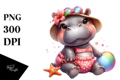 Cute Baby Hippo in Beachwear PNG Product Image 1