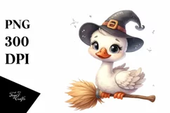 Cute Swan on Witch Broom Watercolor Clipart Product Image 1