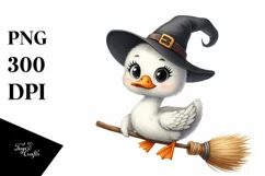 Cute Swan on Witch Broom Watercolor Clipart Product Image 1